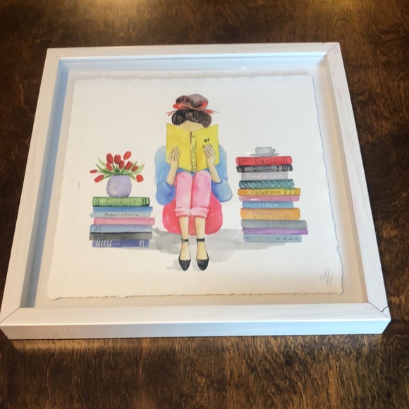 Watercolor hanging Art Girl Reading Books Tulips Paris London Original - Picture 3 of 16